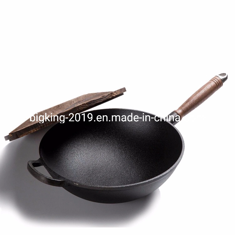 12 Inch China Flat Bottom Cast Iron Pre-Seasoned Wooden Handle Frying Wok with Assist Handle Glass Lid